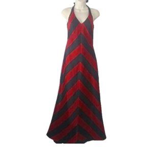 Betsy & Adam Red Black Rugby Chevron Stripe Halter Gown